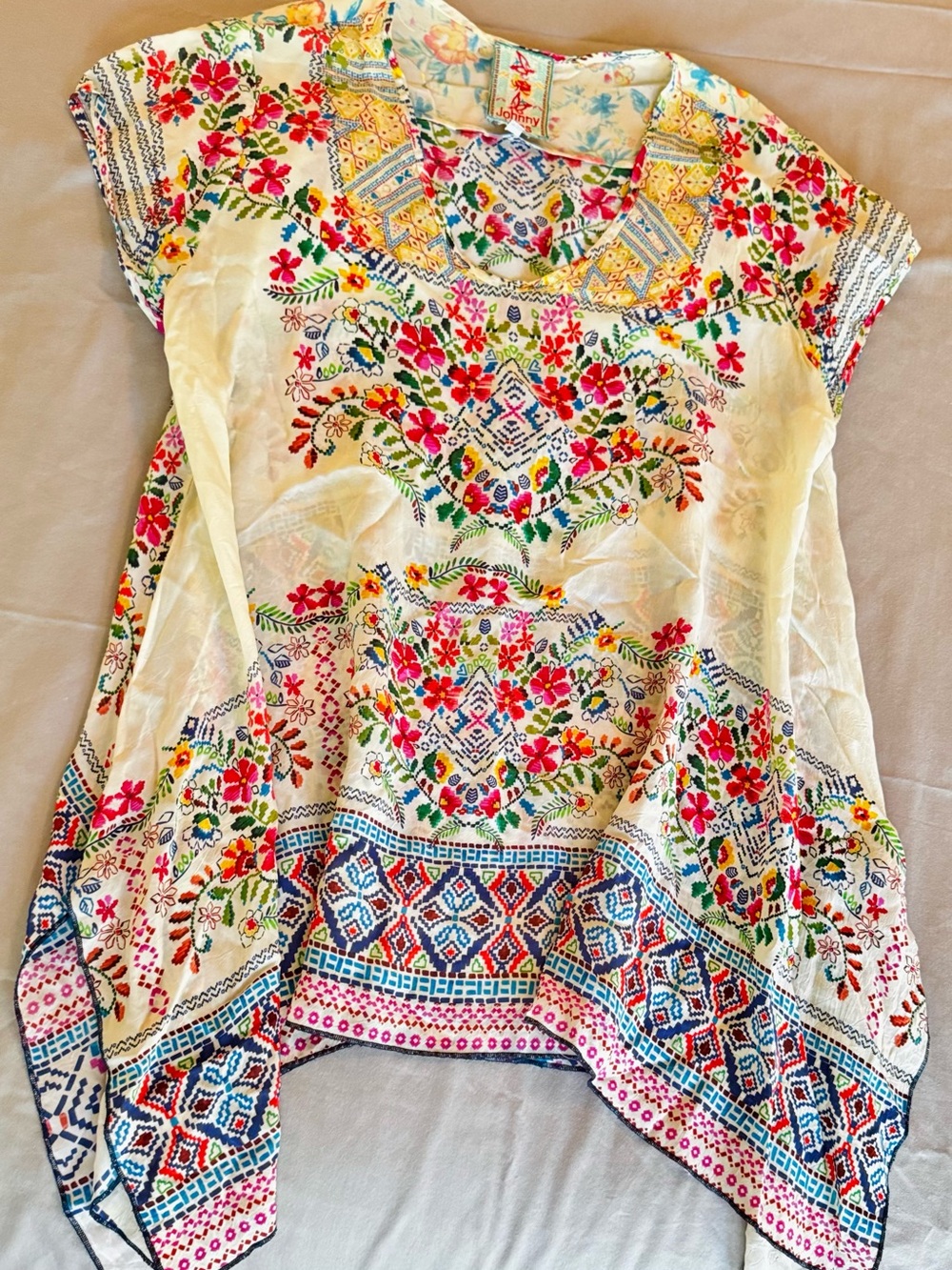 JOHNNY WAS Semi-Sheer Cream Colorful Floral Handkerchief Hem Tunic Top - Picture 9 of 16